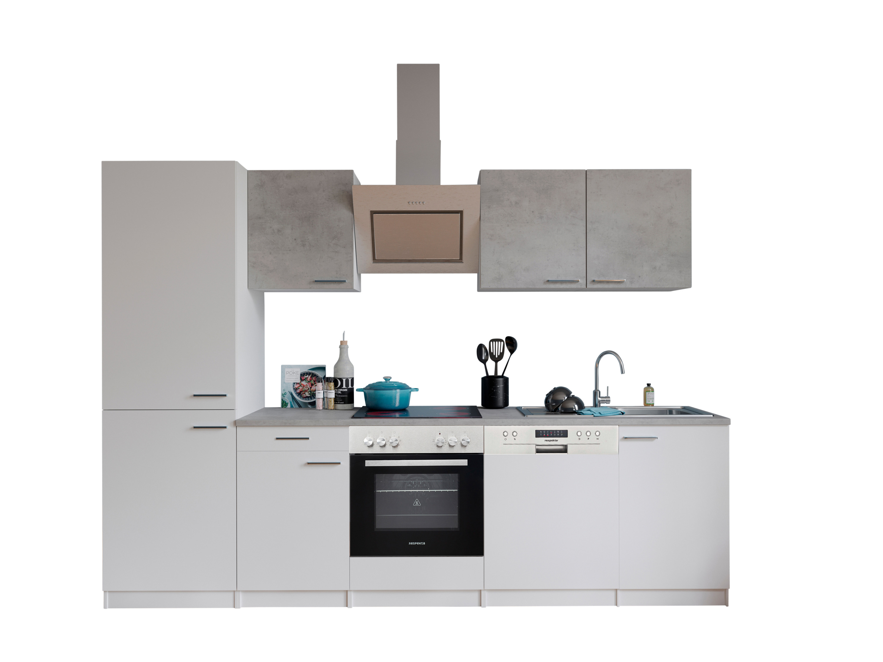 RESPEKTA Küche Malia (glaskerkochf., kühlkombi, gsp, Weiß/Beton, 280 cm)""