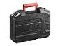 Ein schwarzer Parkside Werkzeugkoffer mit rotem Griff.