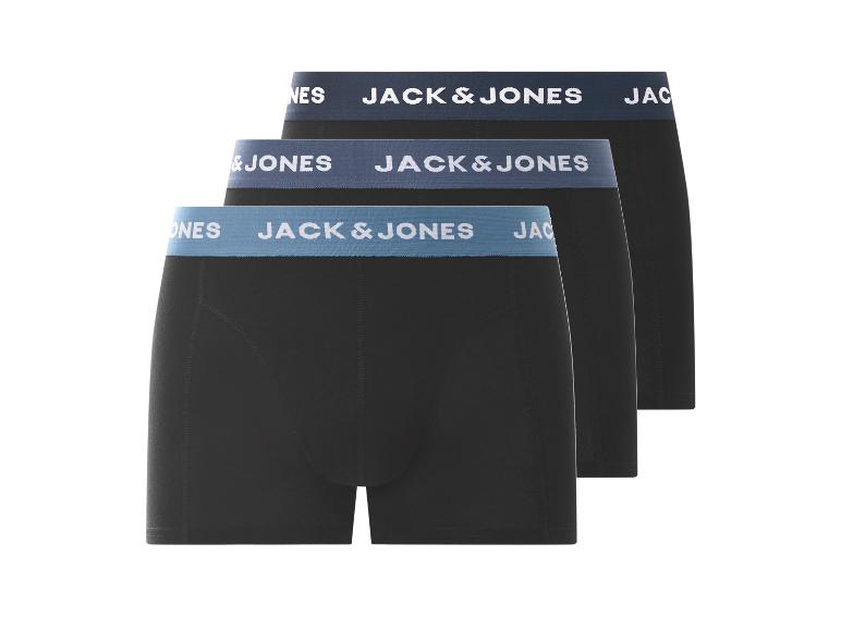 Dreierpack schwarze Boxershorts mit elastischen Bund in verschiedenen Blautönen.