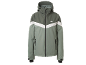 Grüne Herrenjacke mit weißem V-förmigem Streifen und Reißverschluss.