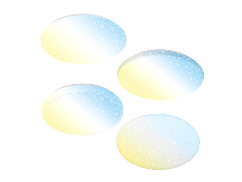 Vier ovale Formen mit einem Gelb-Blau-Verlauf, bestreut mit Sternen.