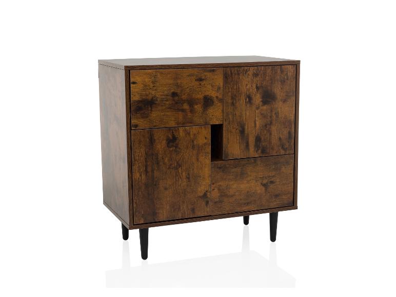 Brauner Holzschrank mit schwarzen Beinen und asymmetrischen Türen