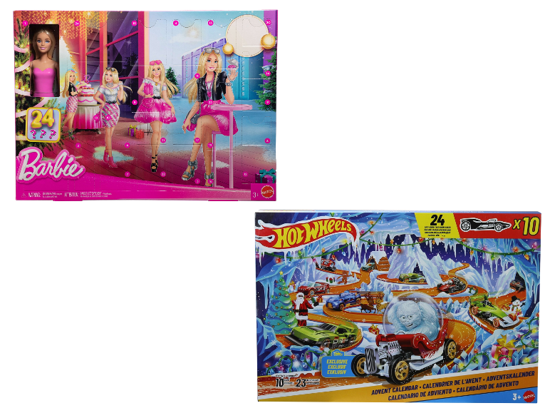 Zwei Adventskalender: einer mit Puppen und Zubehör, ein anderer mit Spielzeugautos.