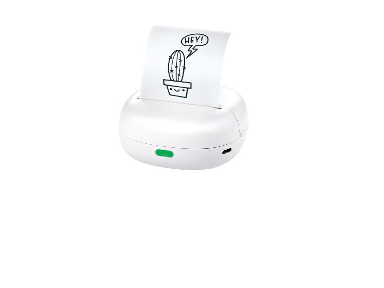 Weißer tragbarer Drucker mit Papier, das eine Kaktuszeichnung mit dem Text „HEY!“ zeigt