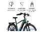 Grünes E-Bike mit StVZO-konformer Beleuchtung, robustem Gepäckträger und 63 mm Federgabel mit Lockout.