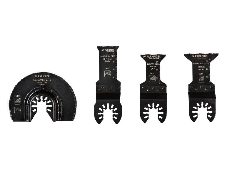 Vier Parkside oszillierende Sägeblätter, darunter ein Kreissägeblatt und drei gerade Blätter.