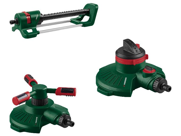 Drei verschiedene Parkside-Sprenger: Oszillierend, Impuls und Rotierend.