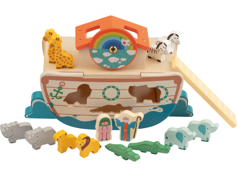 Holzspielzeug Arche Noah mit Tieren und Figuren.
