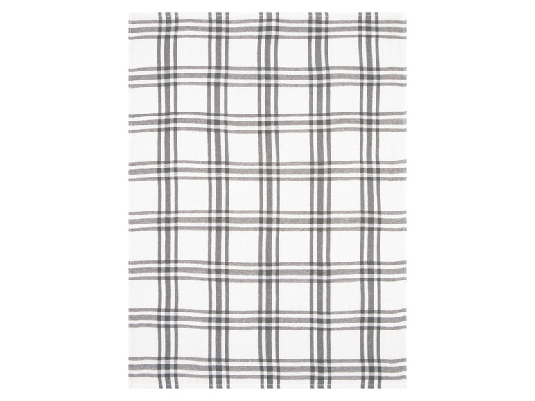 Ein weißes Geschirrtuch mit grau-weißem Karomuster.