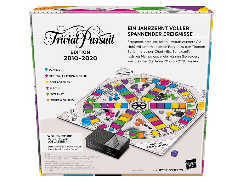 Trivial Pursuit Brettspiel, Edition 2010-2020, mit Fragen zu Musik, Film, Nachrichten und mehr.