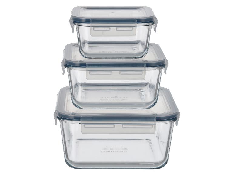 Drei Glas-Vorratsbehälter mit grauen Deckeln, vertikal gestapelt