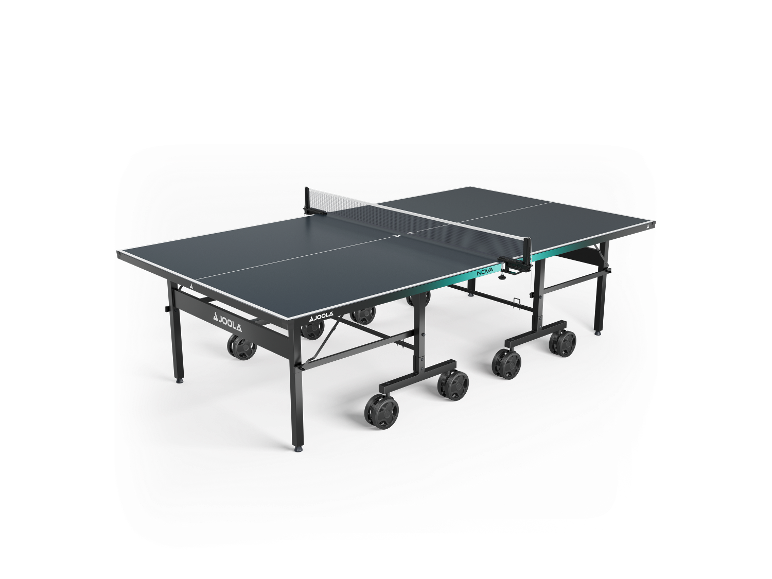 Dunkelgrauer Tischtennistisch mit weißen Linien und Netz, auf schwarzem Hintergrund.