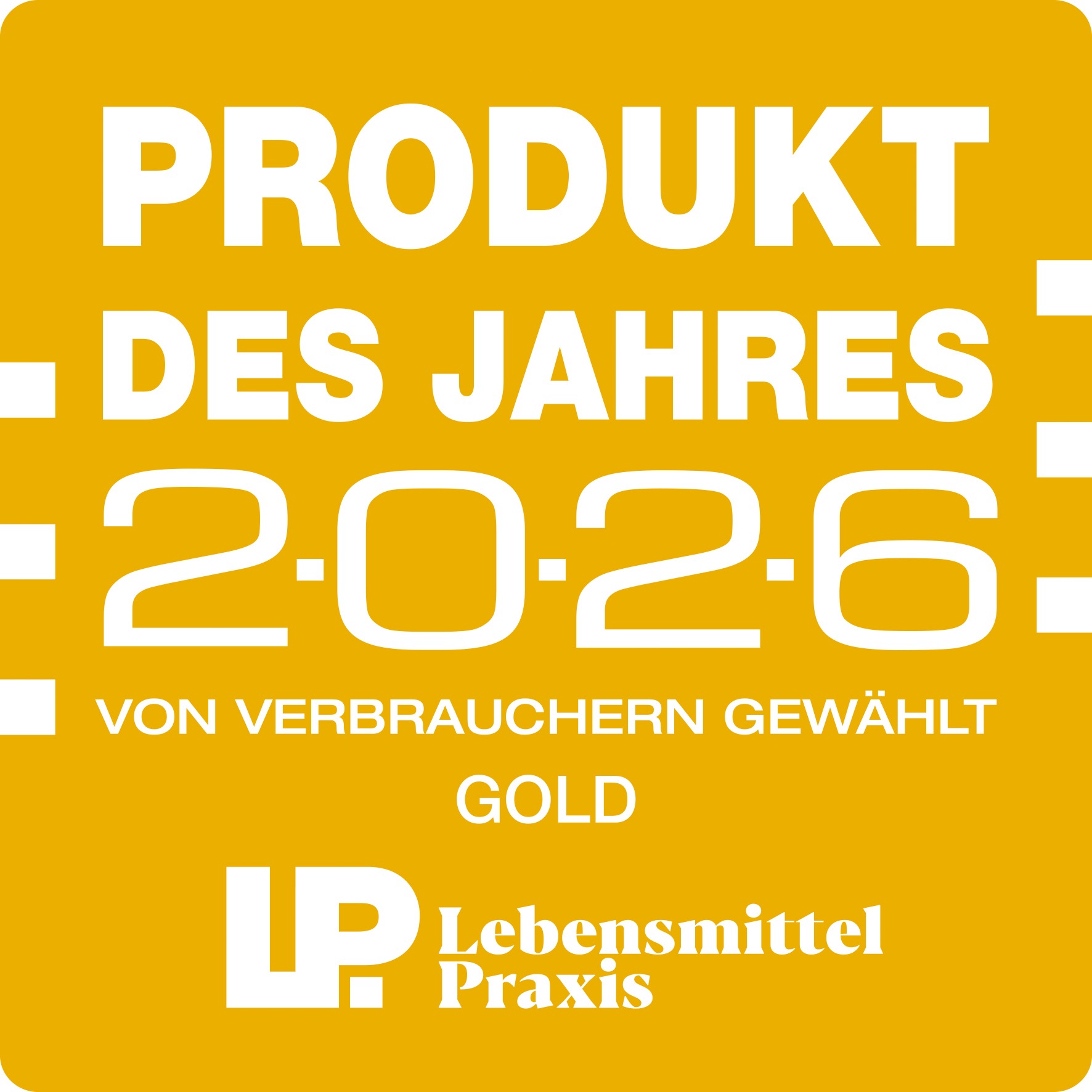 Siegel: Produkt des Jahres 2026, von Verbrauchern gewählt, Gold, Lebensmittel Praxis.