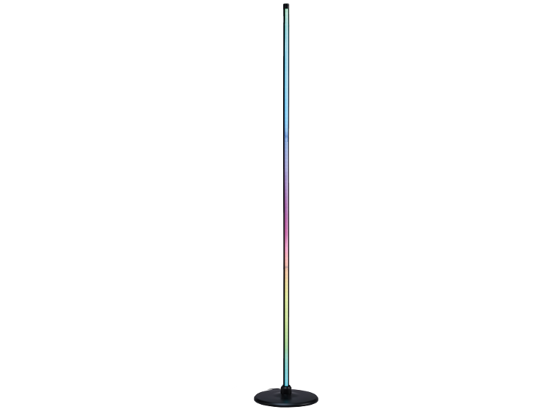 Eine schlanke, vertikale Stehlampe mit farbiger LED-Beleuchtung.