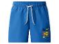 Blaue Badeshorts mit elastischem Bund und bunten geometrischen Mustern.
