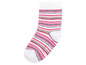 Ein Paar weiße Socken mit rosa, schwarzen und grauen Streifen.