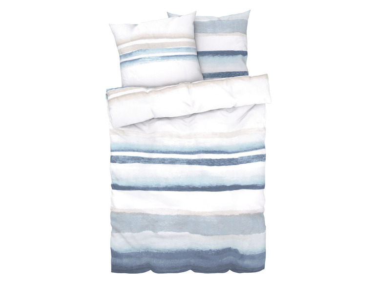 Ein Bettbezug mit einem gestreiften Muster in Blau- und Beigetönen.