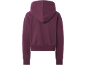 Rückseite eines dunkelvioletten Hoodies mit Kapuze und gerippten Bündchen.