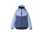 Zweifarbige blaue Kinderjacke mit Kapuze und Reißverschluss.
