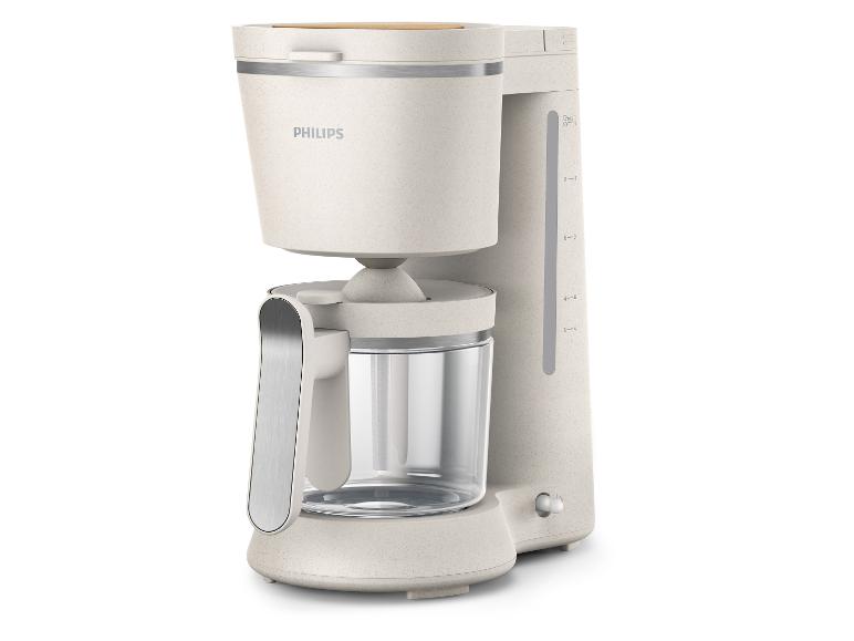 Beige Kaffeemaschine mit Glaskanne und Holzdetails