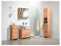 Badmöbel in Holzoptik mit Spiegelschrank, Waschbecken und Hochschrank.