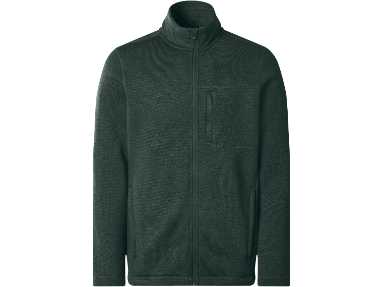 Dunkelgrüne Herren-Fleecejacke mit durchgehendem Reißverschluss und Brusttasche.