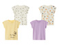 Vier Baby-T-Shirts mit verschiedenen Drucken: Bienen, Früchte, Sonne und Regenbogen.