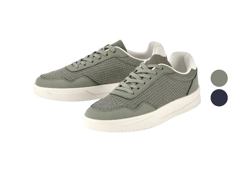 Ein Paar graue Sneaker mit weißen Details und zwei Farbmustern.