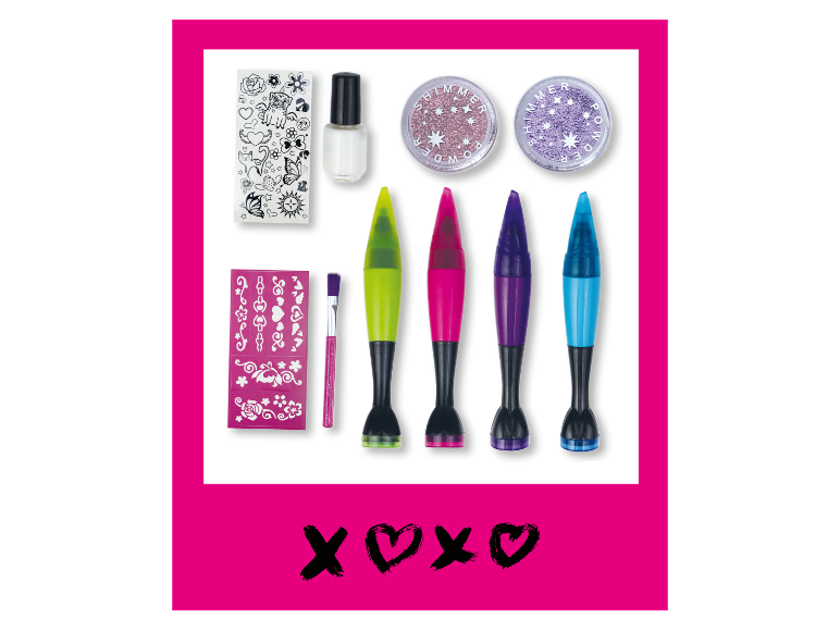 Glitzer-Tattoo-Set mit Stempeln, Pinseln und Glitzerpuder.