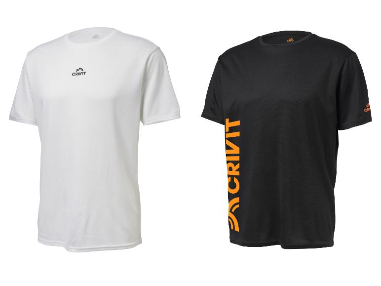 Zwei Crivit Sport-T-Shirts, ein weißes mit schwarzem Logo und ein schwarzes mit orangefarbenem Logo.