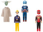 Kinderkostüme: Captain America, Spiderman, Baby Yoda und Feuerwehrmann.