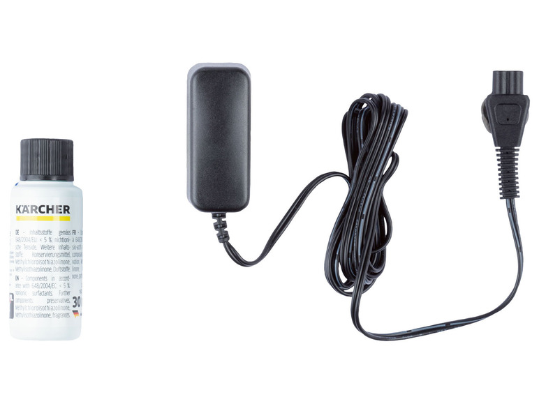 Ein Karcher Reinigungsmittel, ein Adapter und ein Kabel.