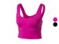 Fuchsiafarbenes Sport-Crop-Top mit breiten Trägern, erhältlich in Fuchsia und Schwarz.