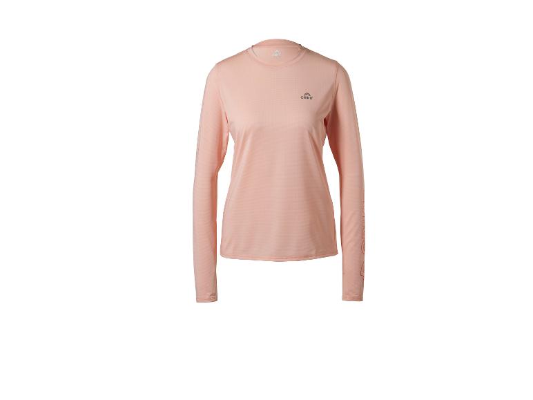 Pfirsichfarbenes Damen-Langarmshirt mit Logo auf der Brust.
