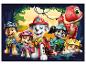 Lächelnde Paw Patrol Welpen und ein roter Dinosaurier im Dschungel.