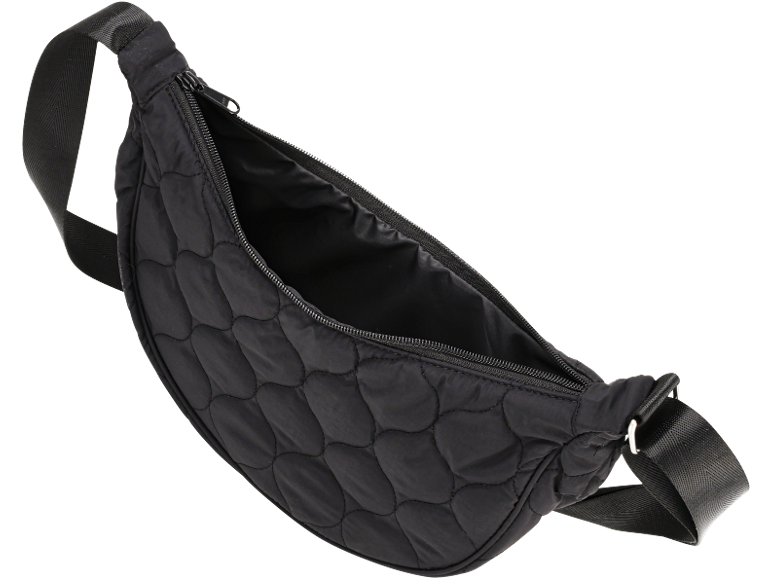 Schwarze gesteppte Gürteltasche mit offenem Reißverschluss und verstellbarem Riemen.