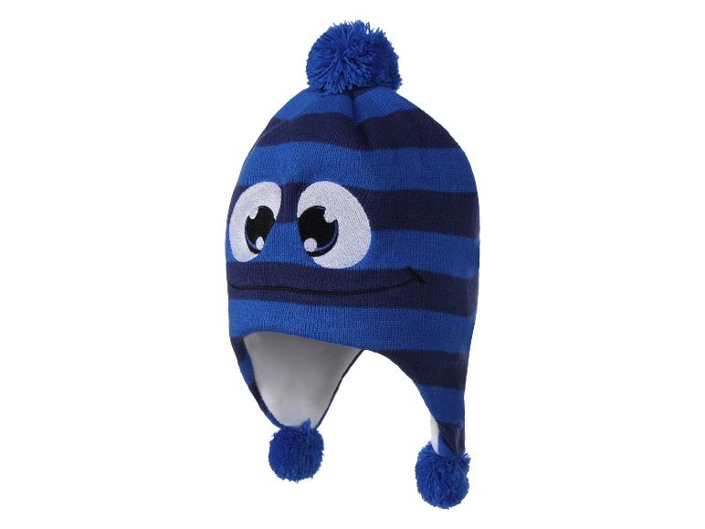 Blau gestreifte Kinder-Wintermütze mit Bommel und Cartoon-Gesicht.