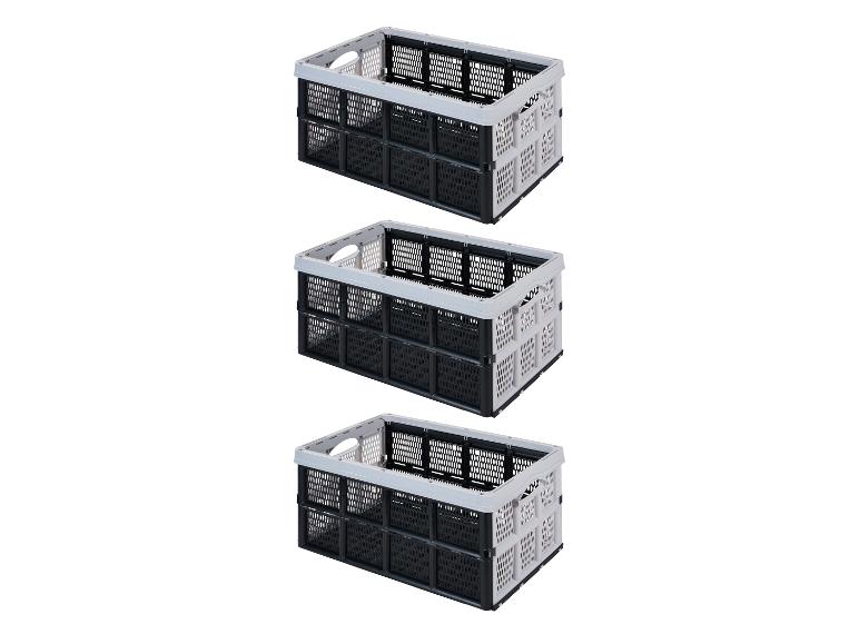 Drei faltbare Aufbewahrungsboxen in Schwarz und Grau.