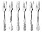 Sechs glänzende silberne Gabeln in einer Reihe auf weißem Hintergrund.