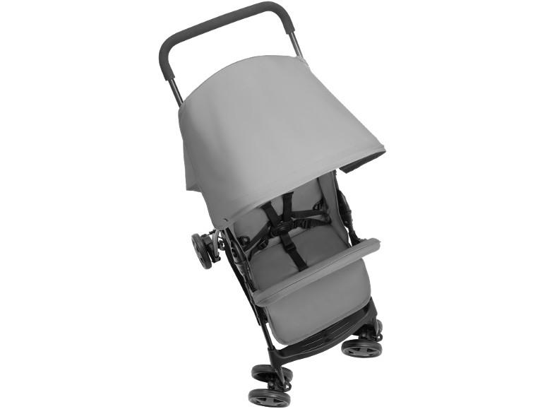 Grauer Kinderwagen mit Verdeck und Sicherheitsgurt, schräge Ansicht.