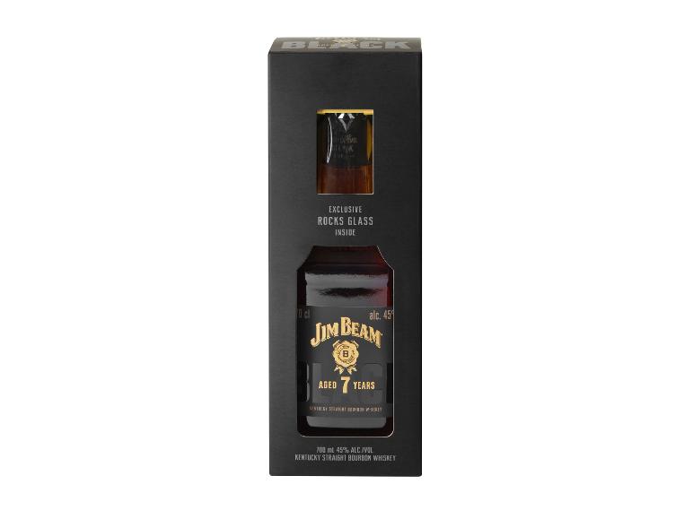 Jim Beam Black 7 Jahre alter Kentucky Straight Bourbon Whiskey mit Rocksglas.