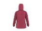Rückenansicht einer gesteppten Damenjacke in Dunkelrosa mit Strickärmeln und Kapuze.