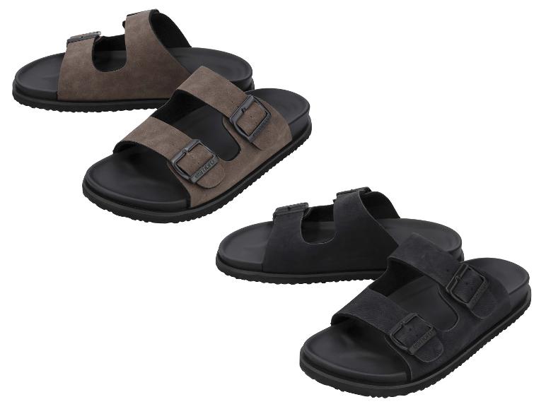 Damensandalen mit zwei Riemen und Schnallen, erhältlich in Braun und Schwarz.