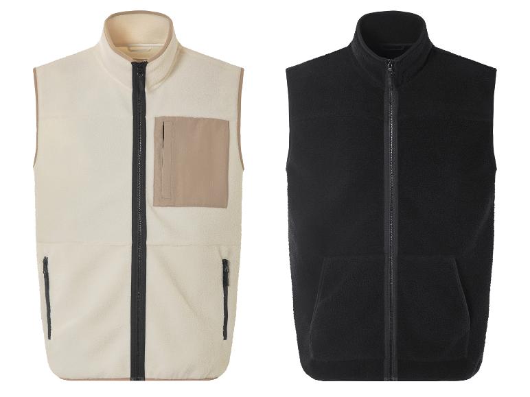 Zwei Fleece-Westen mit Reißverschluss, eine cremefarbene und eine schwarze.