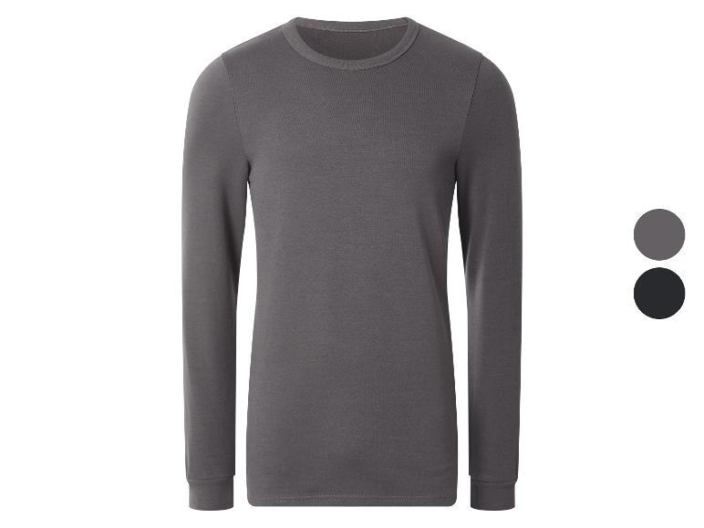 Graues Herren-Langarmshirt mit Rundhalsausschnitt, mit zwei Farbmustern daneben.
