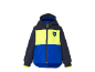 Kinder-Kapuzenjacke in Marineblau, Blau und Neongelb mit Berg-Logo.