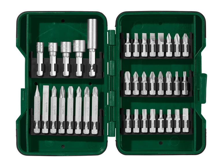 Ein Satz Schraubendreher mit verschiedenen Bit-Typen in einer grünen Aufbewahrungsbox.