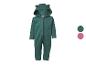 Dunkelgrüner Fleece-Overall mit Kapuze und Ohren, mit Reißverschluss vorne.