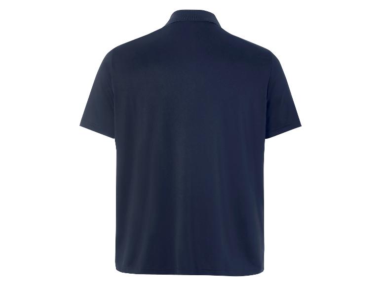 Ein dunkelblaues Poloshirt mit kurzen Ärmeln.