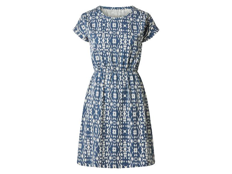 Blau-weiß gemustertes Kurzarmkleid mit elastischem Bund.